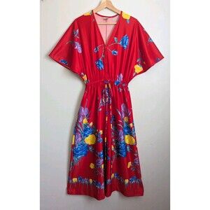 Vintage 70s 80s Red Tropical Floral Caftan Dress Zip Front Maxi Lounger Gown S M